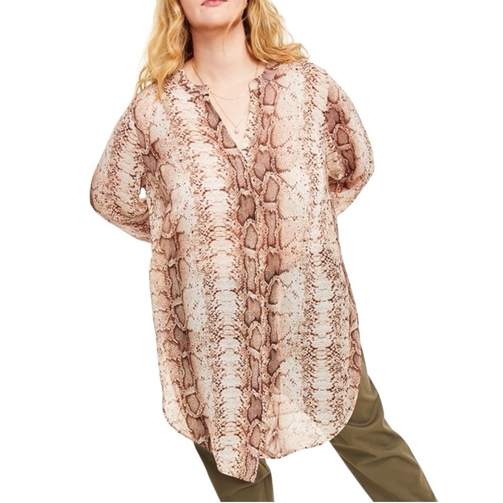 Bar III Snakeskin Print Button Front Semi Sheer Long Tunic Top Women’s 2X Animal